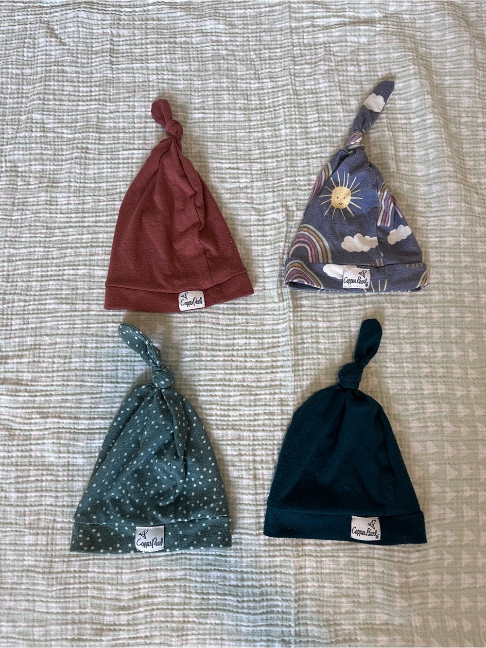 Copper Pearl Baby Knot Hat Set – Rust, Rainbow Sky, Teal Dot, Navy